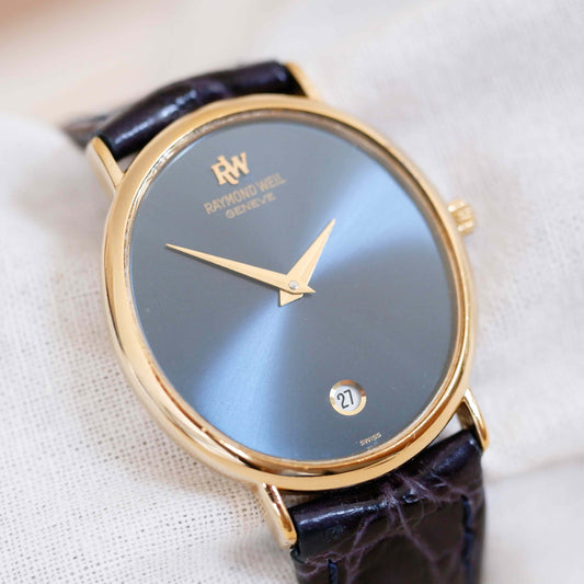 Raymond Weil Watch: Vintage Ladies 90s Golden Oval Style with Blue Sunburst Dial