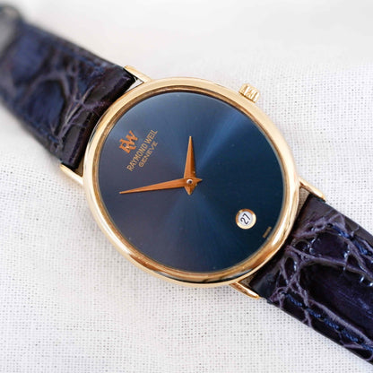 Raymond Weil Watch: Vintage Ladies 90s Golden Oval Style with Blue Sunburst Dial