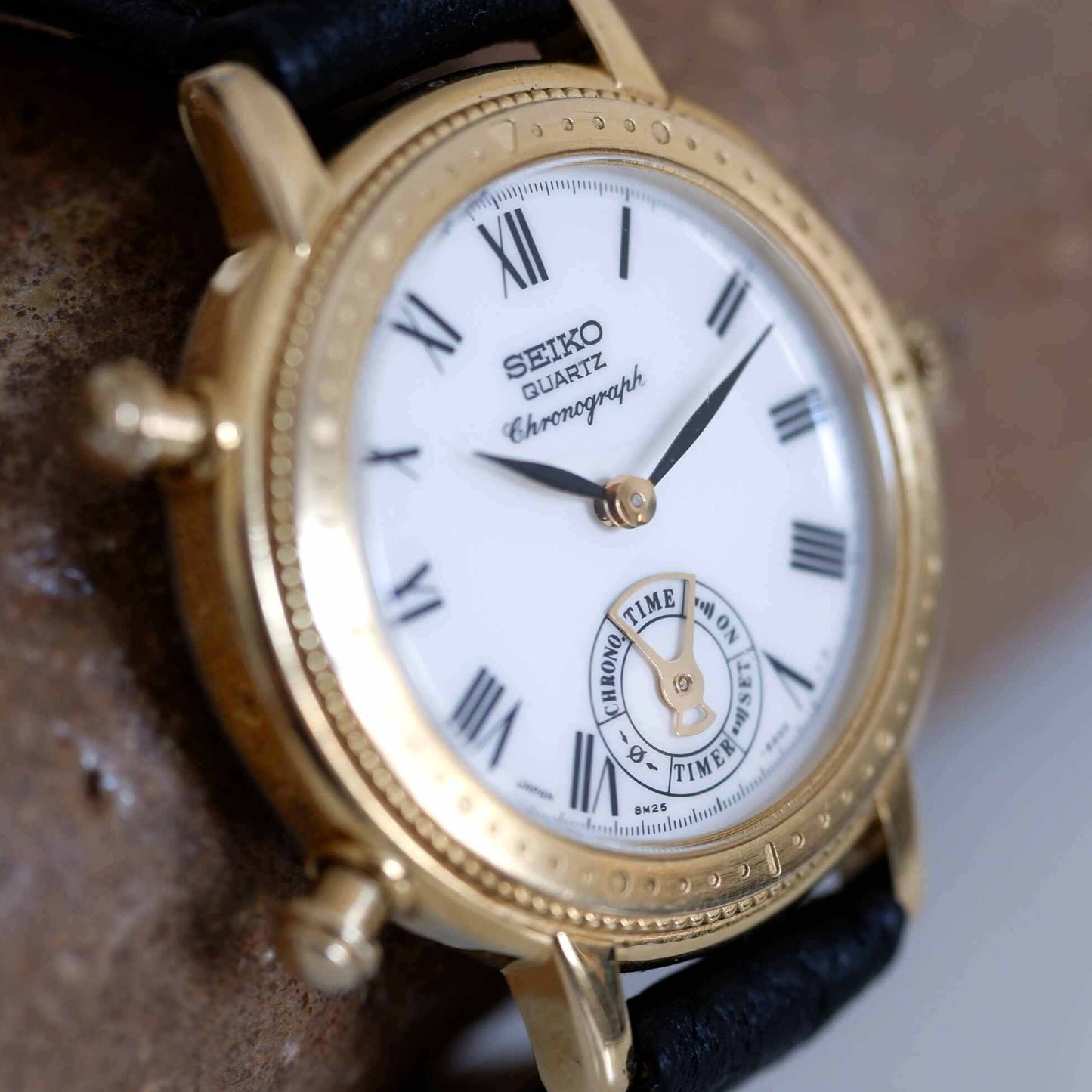 Seiko Chronograph Vintage Ladies Watch: 90s Golden with Roman Numerals | Slight Left Side