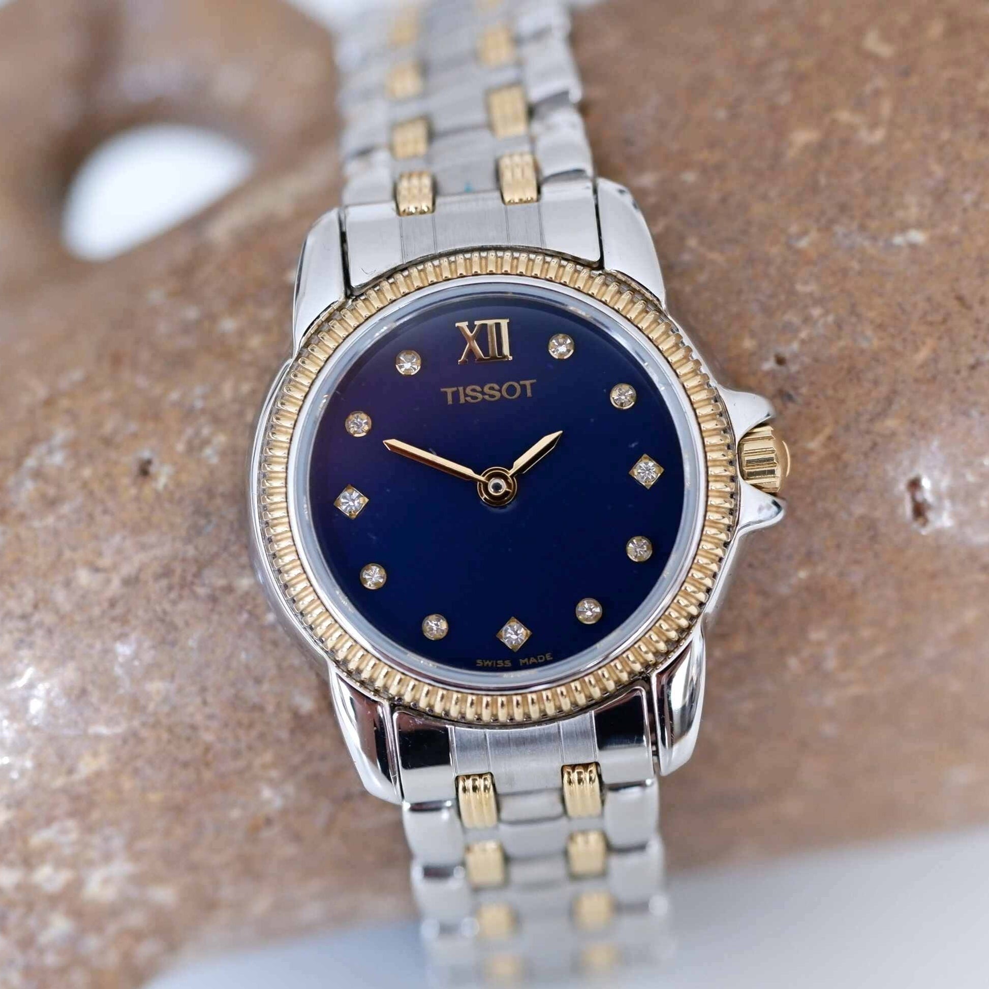Tissot Vintage Ladies Watch: 2000s Two Tone Iconic with Blue Diamont-Set Dial | Second Front Side