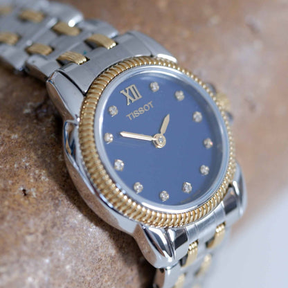 Tissot Vintage Ladies Watch: 2000s Two Tone Iconic with Blue Diamont-Set Dial | Slight Left Side