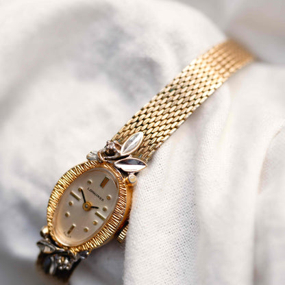 Longines Cocktail Diamond Watch : Ladies 50s Mechanical Gold White Sunburst Dial Full Set