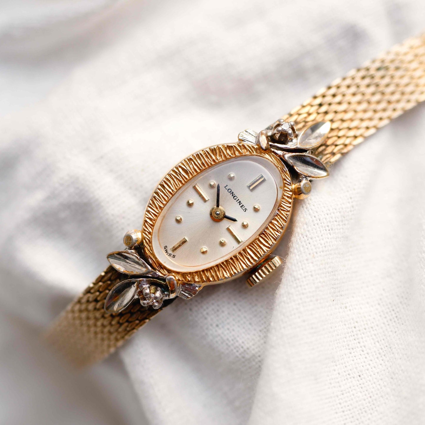 Longines Cocktail Diamond Watch : Ladies 50s Mechanical Gold White Sunburst Dial Full Set