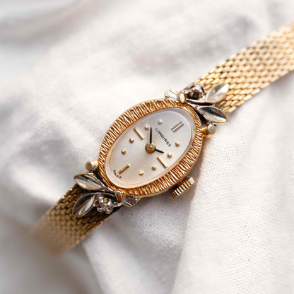 Longines Cocktail Diamond Watch : Ladies 50s Mechanical Gold White Sunburst Dial Full Set