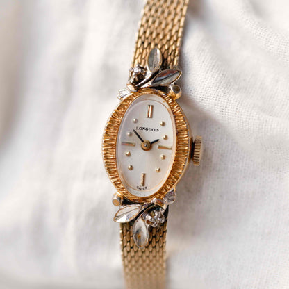 Longines Cocktail Diamond Watch : Ladies 50s Mechanical Gold White Sunburst Dial Full Set