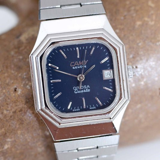 Camy Vintage Ladies Watch: 70s Silver with Classic Blue Dial | First Front Side