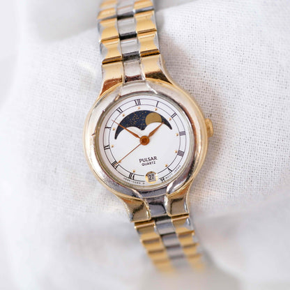 Pulsar Vintage Watch: Ladies 80s Gold Roman Numerals Moon Phase Style