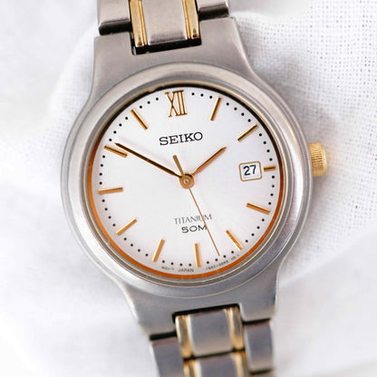 Seiko Vintage Watch: Ladies 90s Gold Titanium Diver with Classic Silver Dial