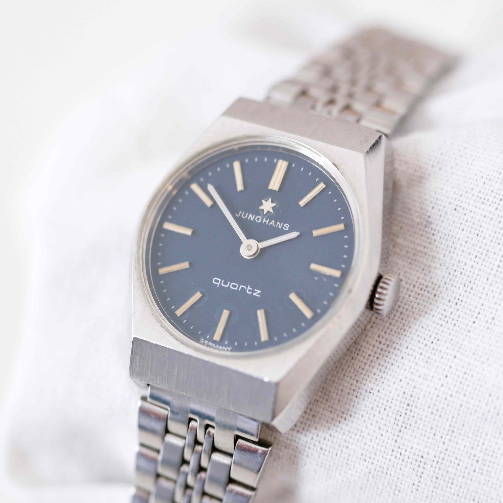 Junghans Vintage Ladies Watch: 90s Silver with Classic Blue Dial, Slight Right Side