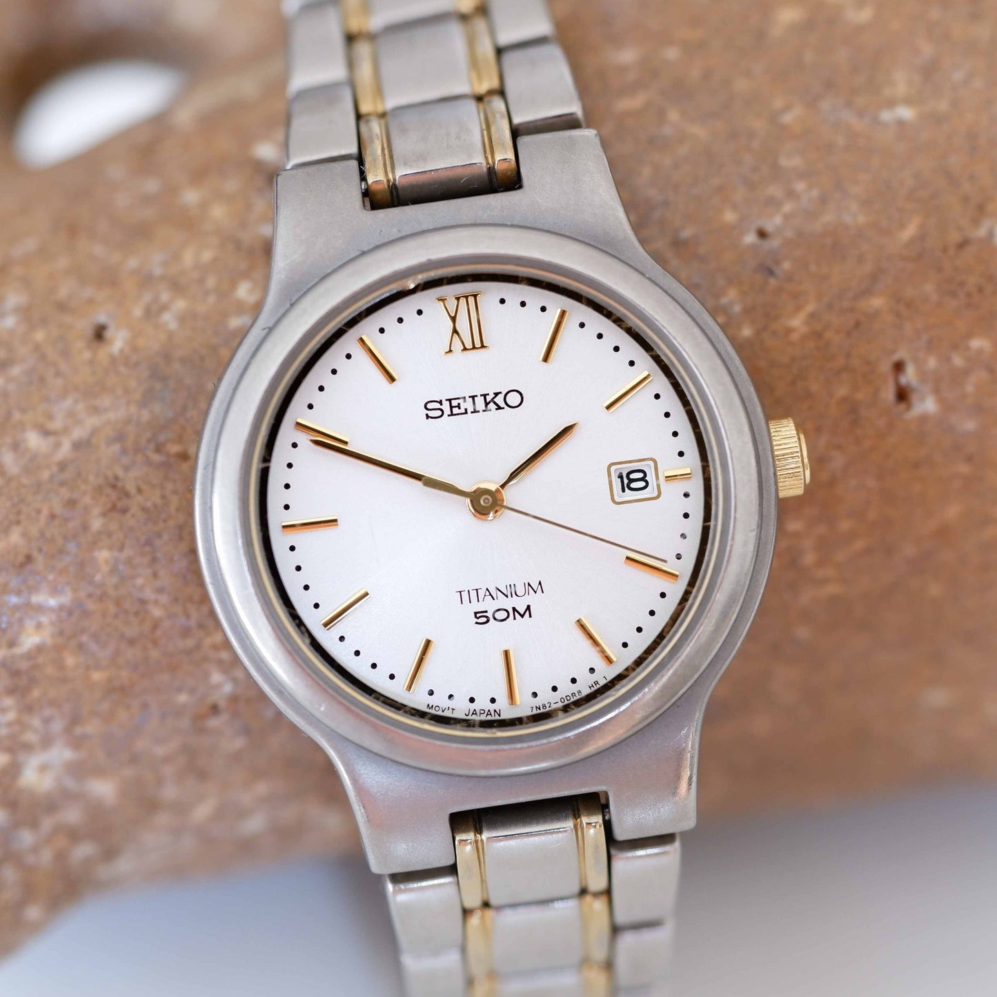 Seiko Vintage Ladies Watch: 90s Gold Titan Diver with Classic Silver Dial | First Front Side
