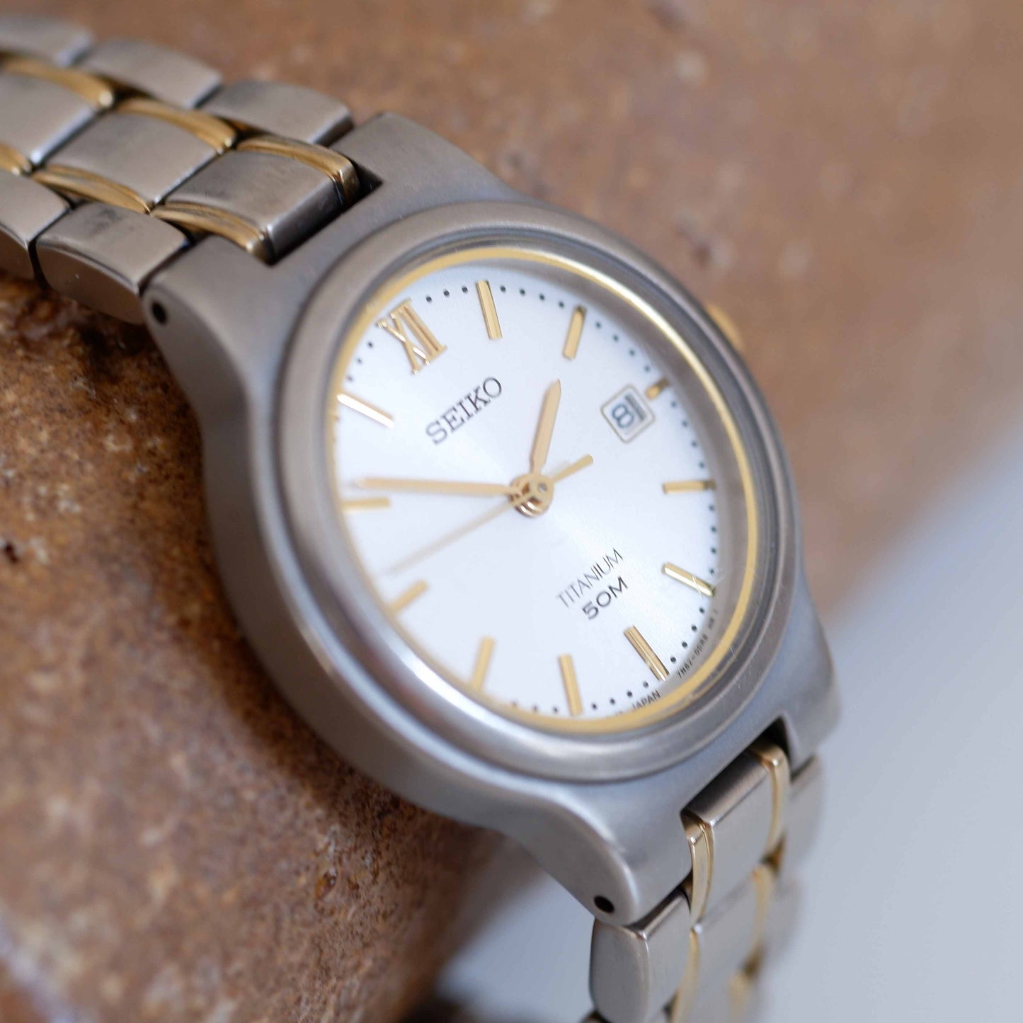 Seiko Vintage Ladies Watch: 90s Gold Titan Diver with Classic Silver Dial | Slight Left Side 2
