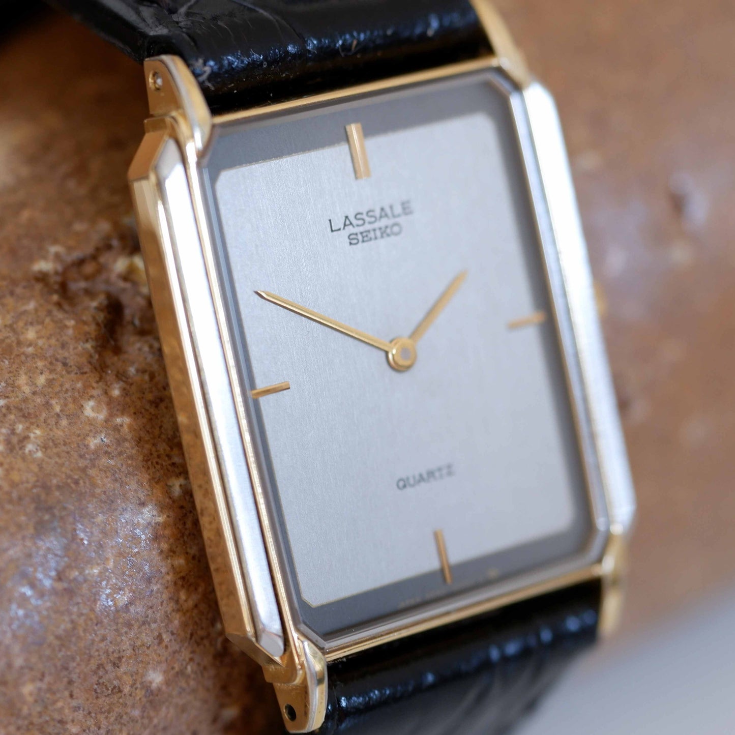 Seiko Lassale Vintage Ladies Watch: 80s Two-Tone Rectangular Style with Gray Dial | Slight Left View