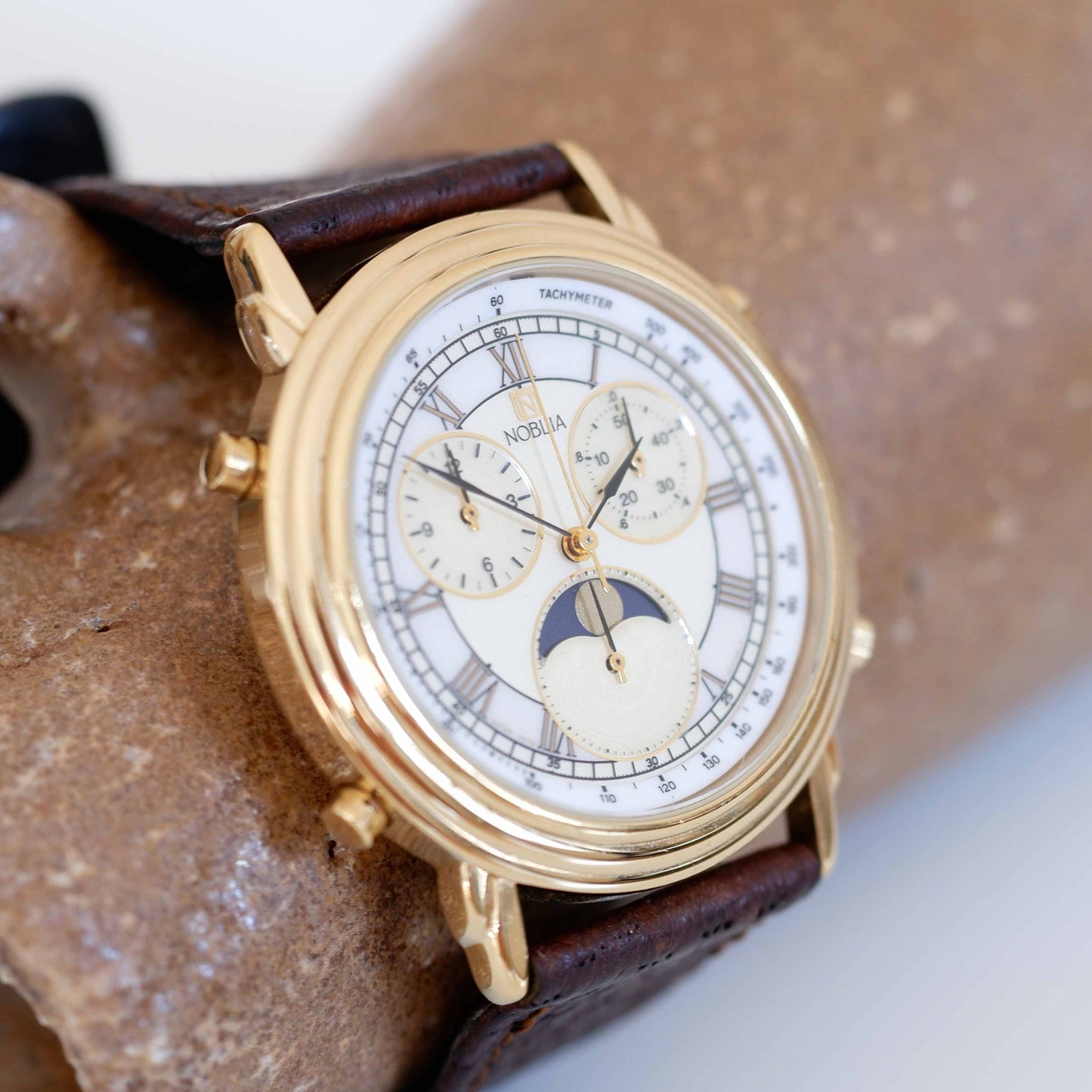 Citizen Noblia Vintage Ladies Watch: 90s Golden Iconic Chronograph Moon Phase | Slight Left Side