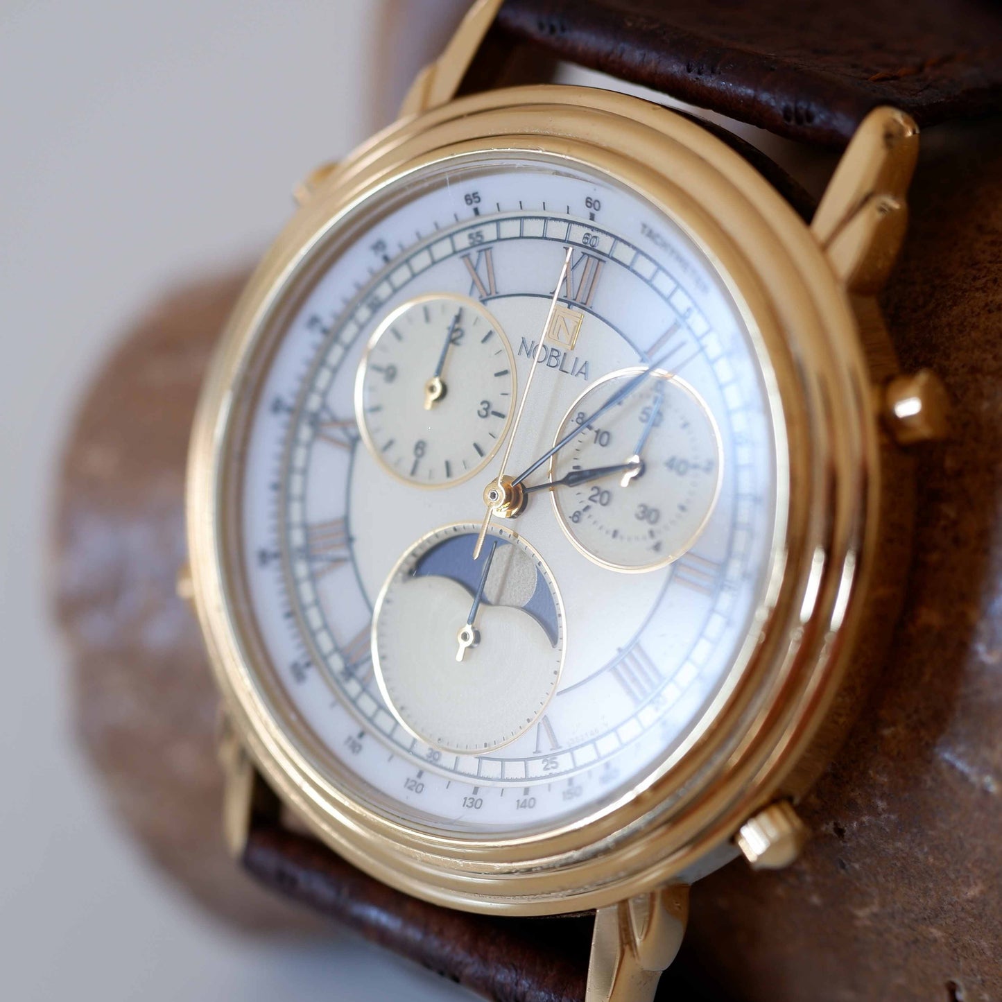 Citizen Noblia Vintage Ladies Watch: 90s Golden Iconic Chronograph Moon Phase | Slight Right Side