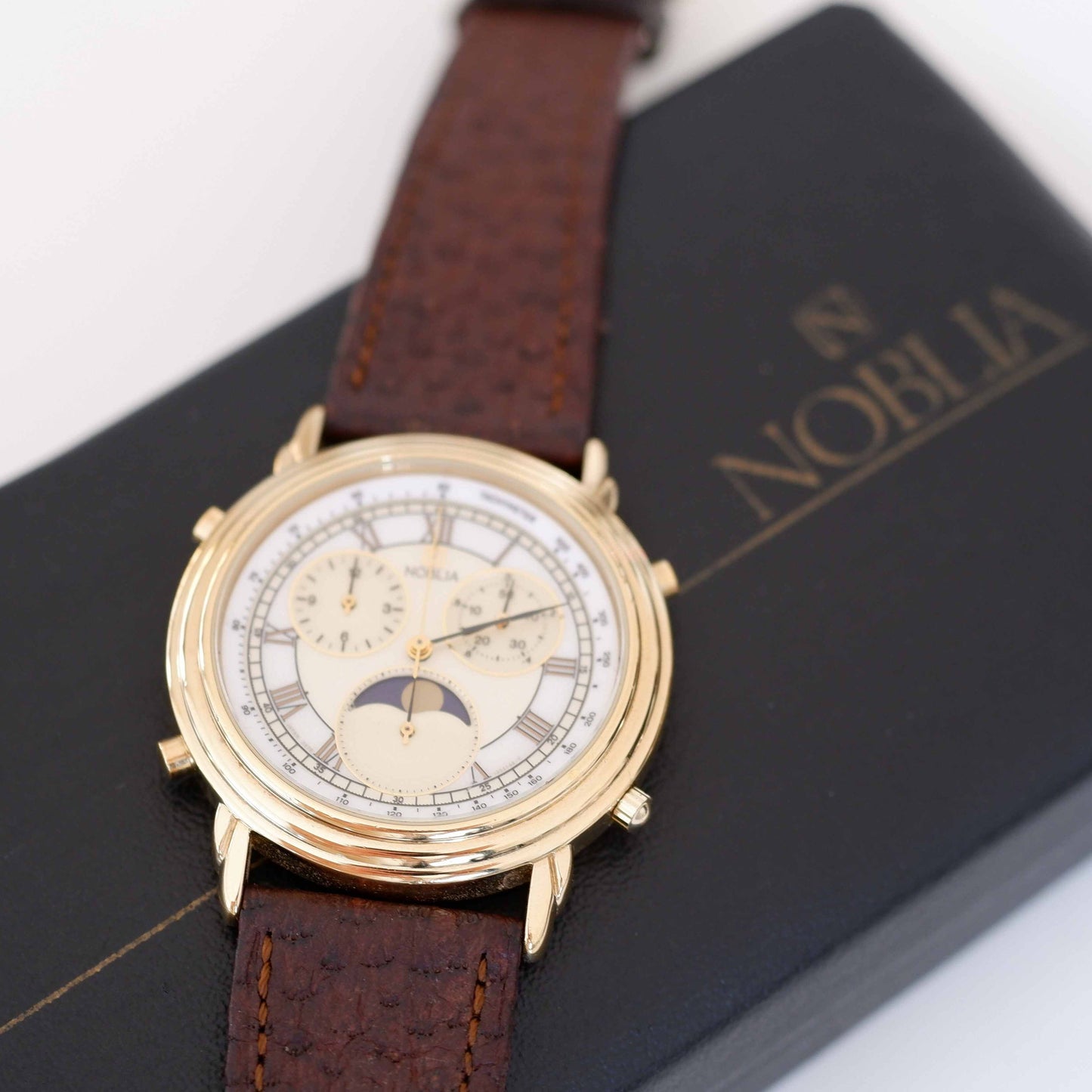 Citizen Noblia Vintage Ladies Watch: 90s Golden Iconic Chronograph Moon Phase | Packaging