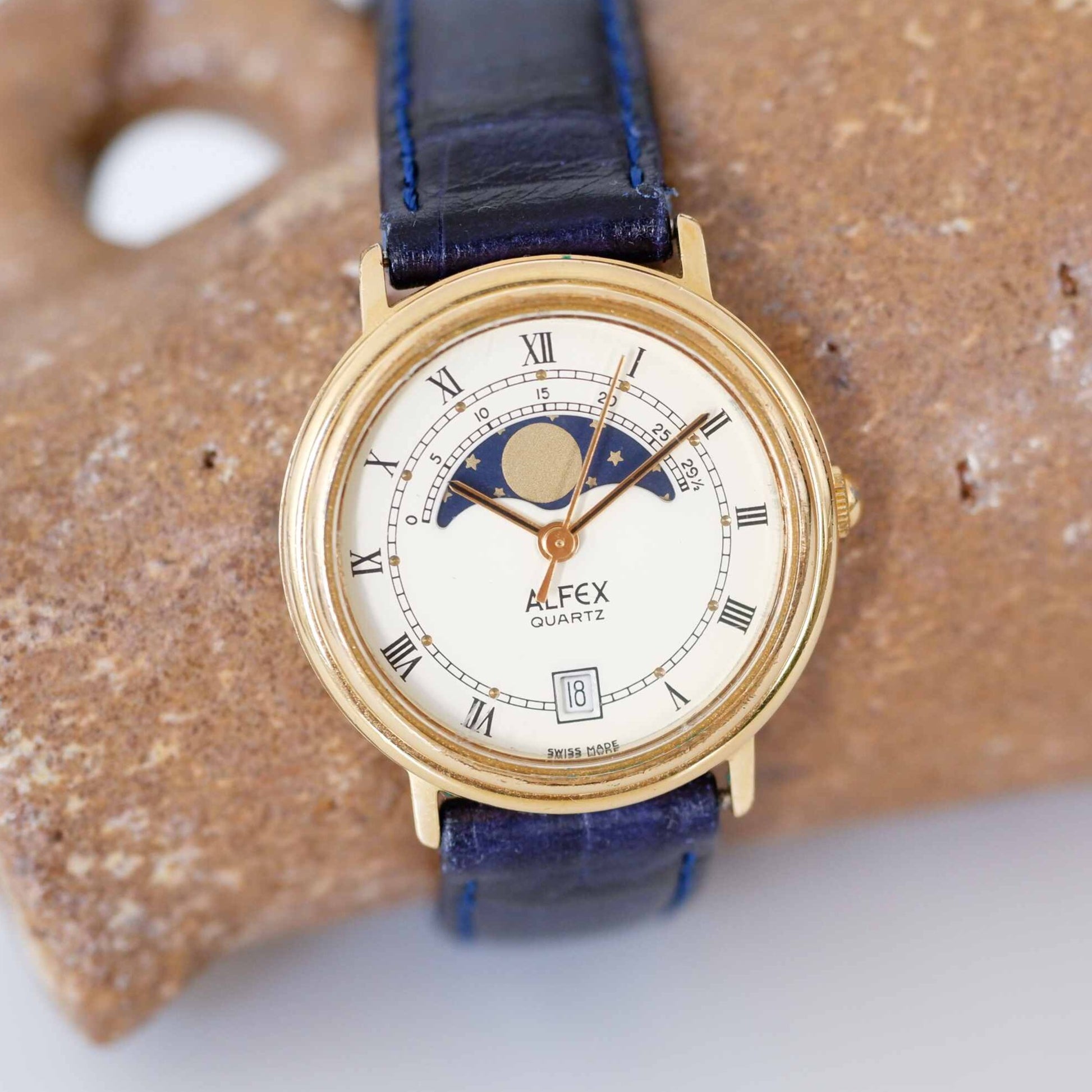 Copy of Alfex Vintage Ladies Watch: 80s Gold, Rectangular Moon Phase Style | Second Front Side