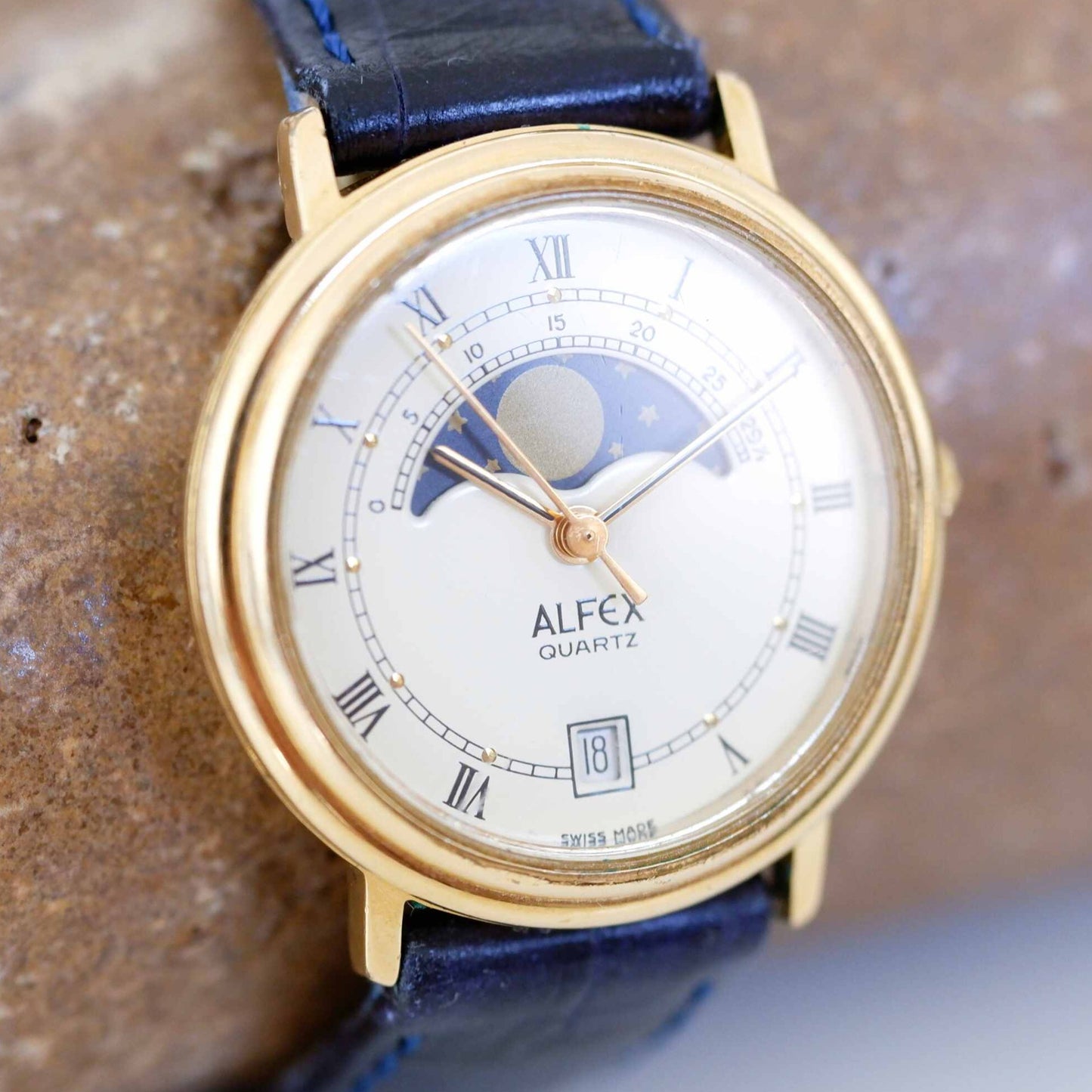 Copy of Alfex Vintage Ladies Watch: 80s Gold, Rectangular Moon Phase Style | Slight Left Side