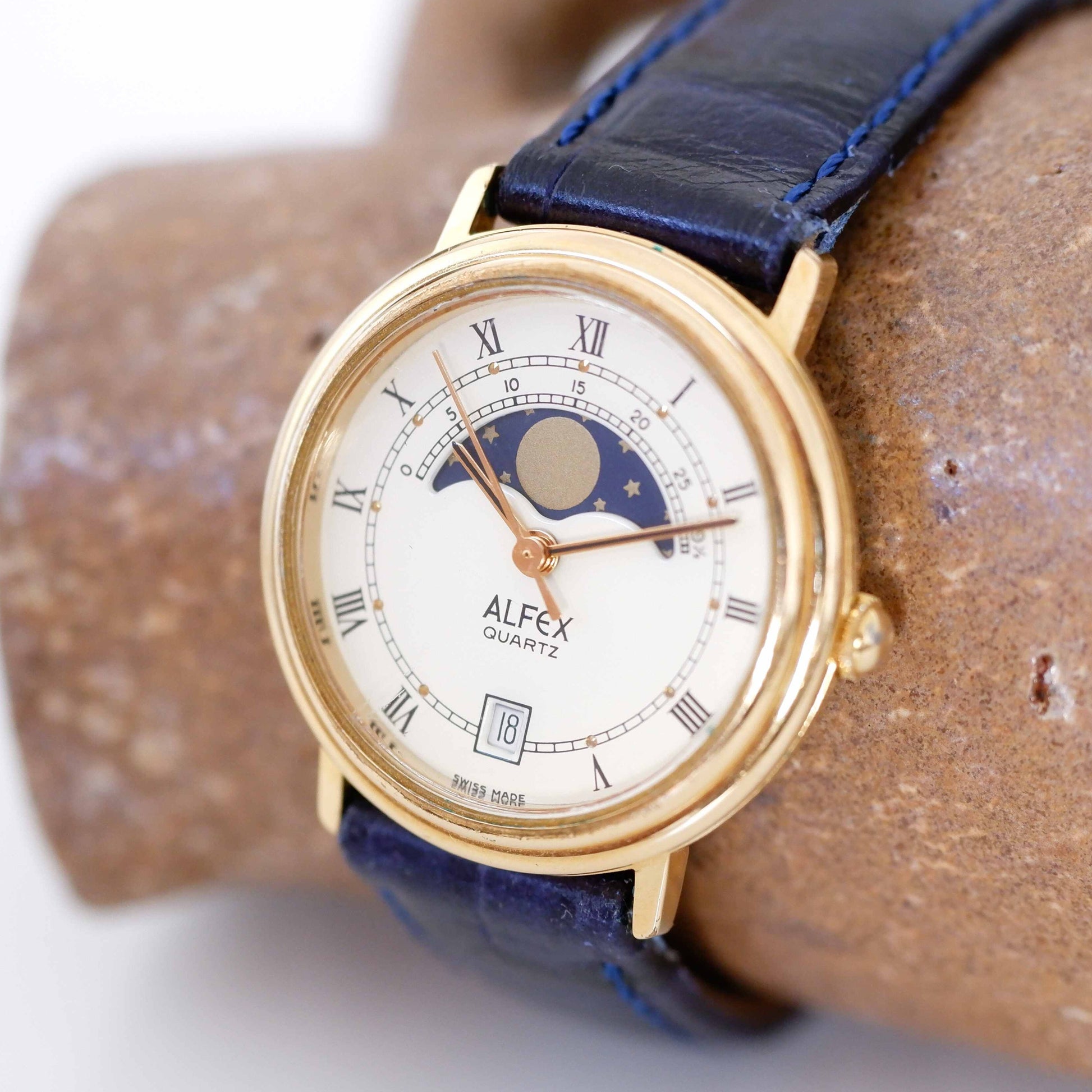 Copy of Alfex Vintage Ladies Watch: 80s Gold, Rectangular Moon Phase Style | Slight Right Side