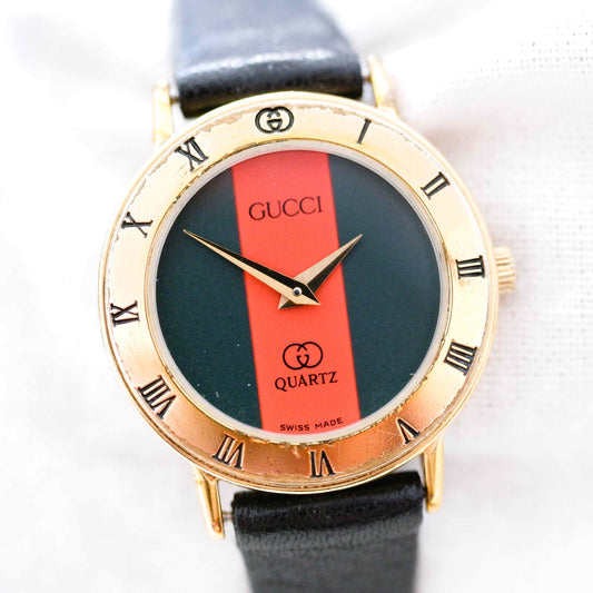 Gucci 3000.2.l Watch: Vintage Ladies 90s Gold with Red and Green Dial