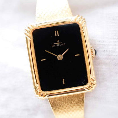 Blumus Tank Style Cocktail Watch: Vintage Ladies 80s Golden Bracelet with Black Dial NOS