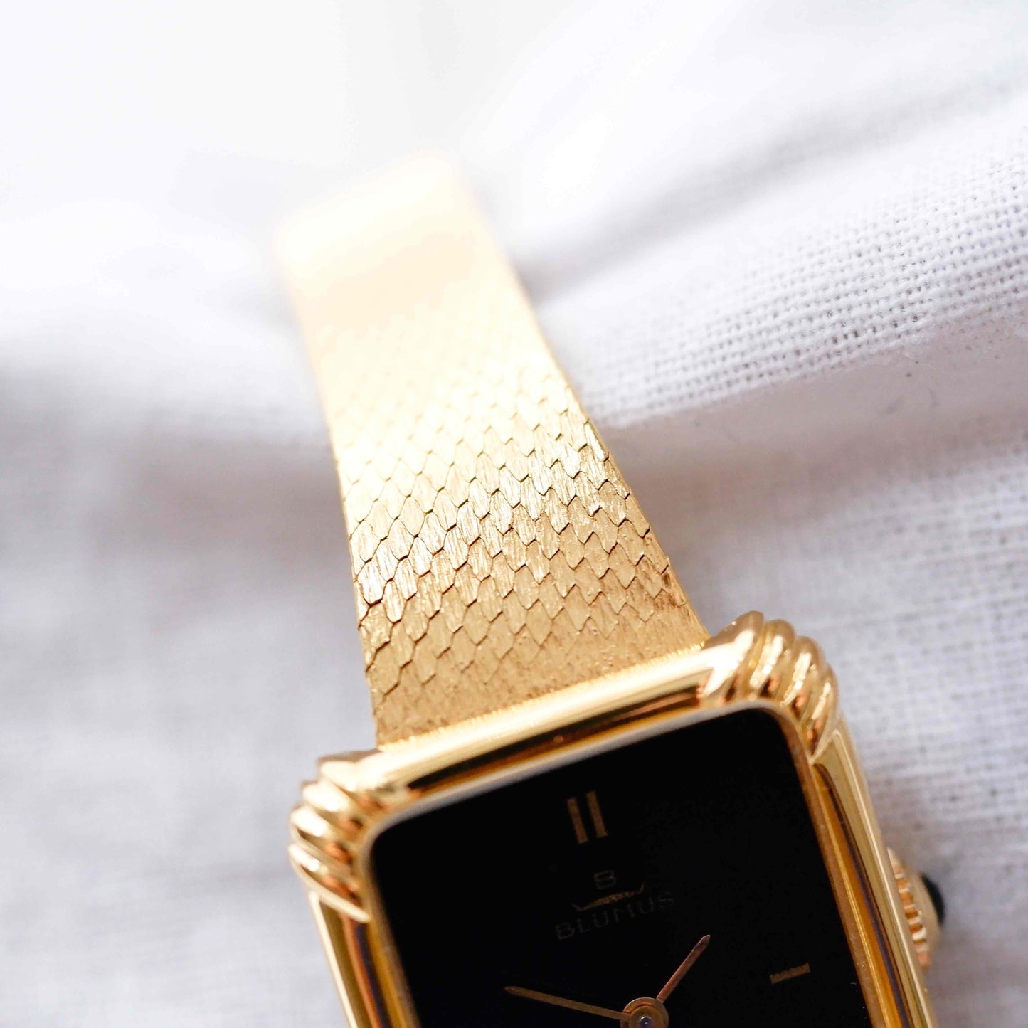 Blumus Tank Style Cocktail Watch: Vintage Ladies 80s Golden Bracelet with Black Dial NOS