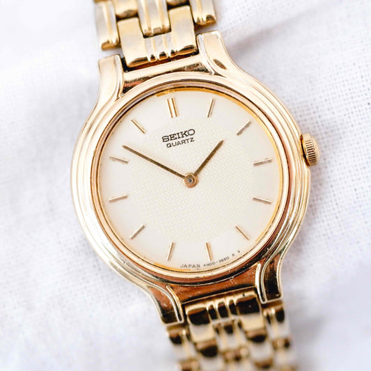 Seiko Cocktail Watch: Ladies Vintage 90s Gold Waffle Dial