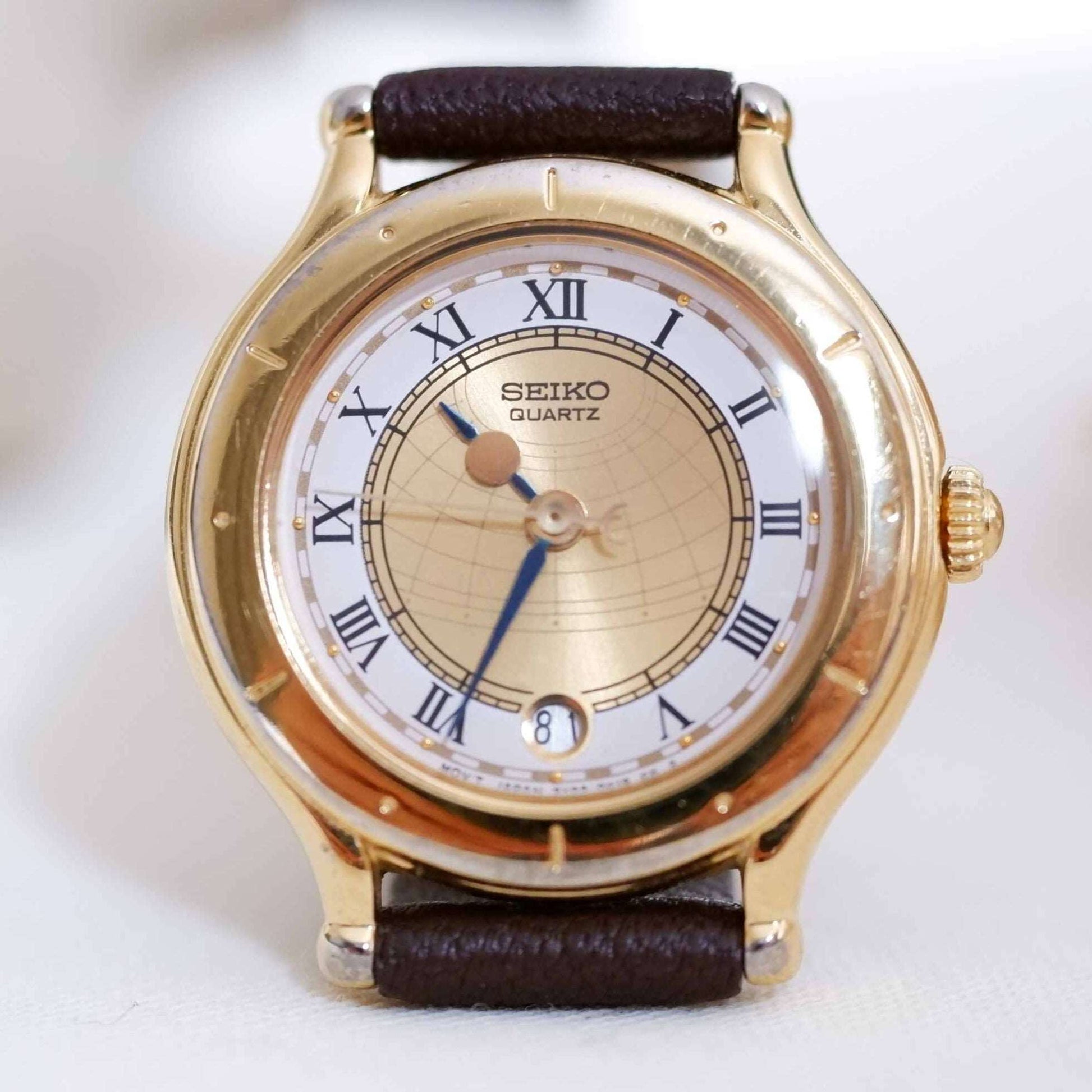 Seiko Age of Discovery Vintage Ladies Watch: 90s Gold, Roman Numerals, Third Front Side