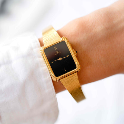 Blumus Tank Style Cocktail Watch: Vintage Ladies 80s Golden Bracelet with Black Dial NOS