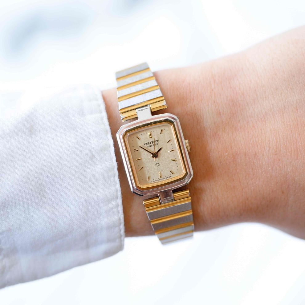 Orient Vintage Watch: Ladies 80s Golden Two Tone Classic Rectangular ...