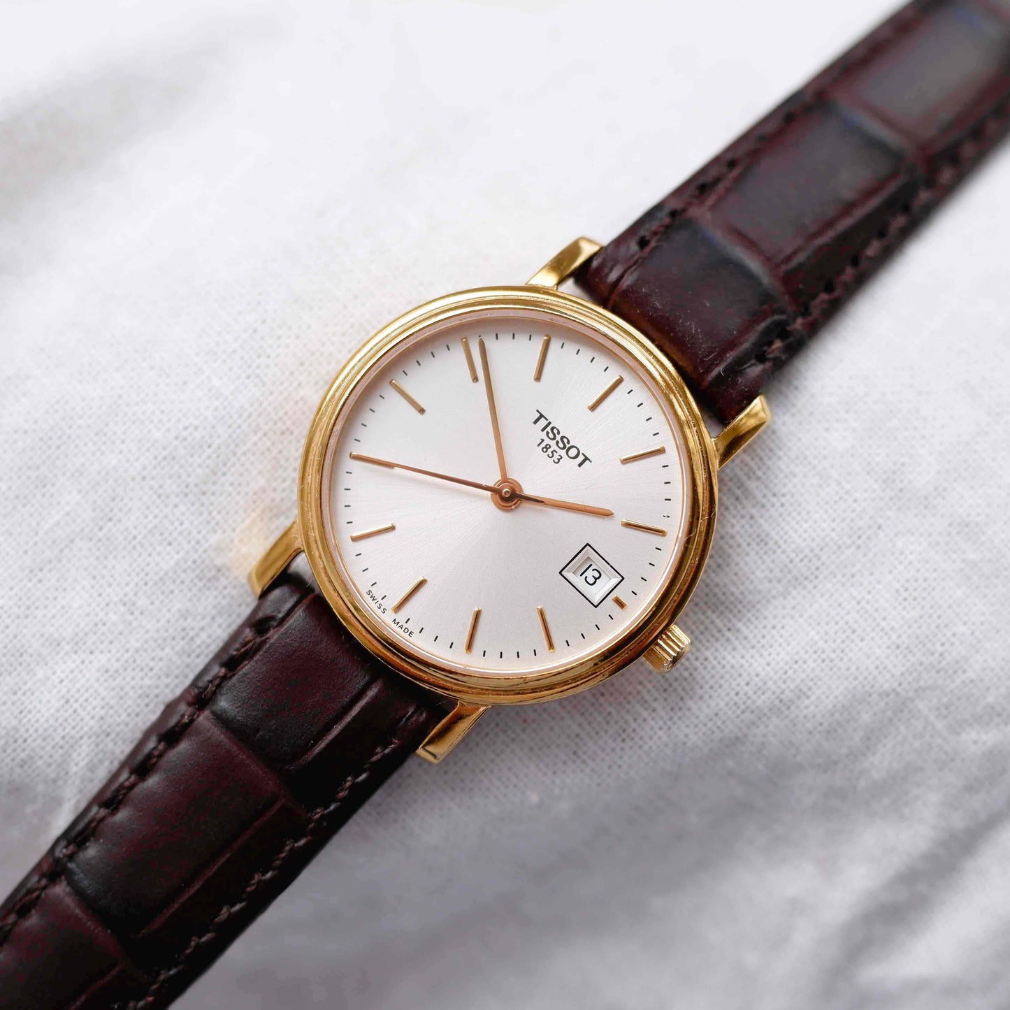 Tissot Vintage Watch: Ladies 90s Golden Iconic Design with White Sunburst Dial