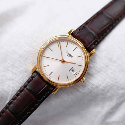 Tissot Vintage Watch: Ladies 90s Golden Iconic Design with White Sunburst Dial