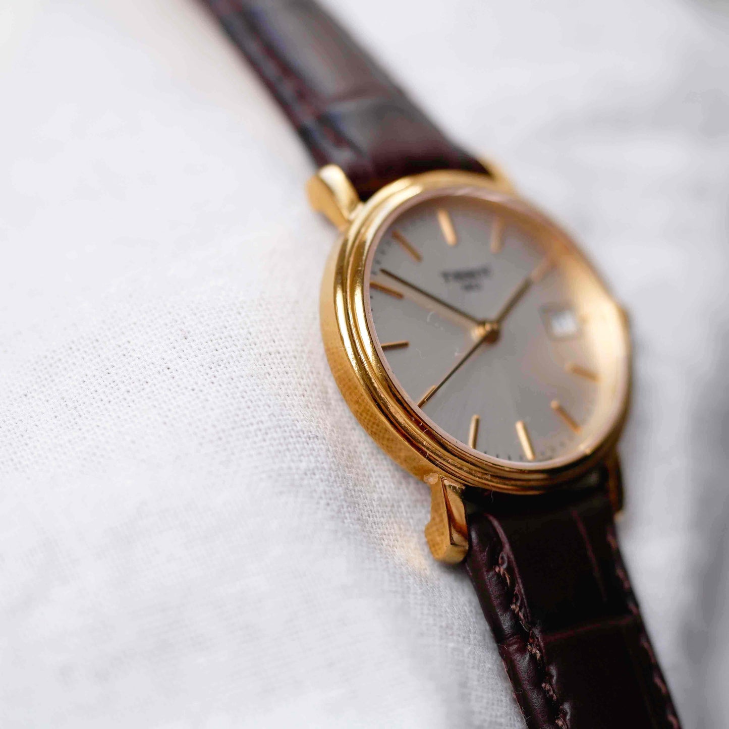 Tissot Vintage Watch: Ladies 90s Golden Iconic Design with White Sunburst Dial