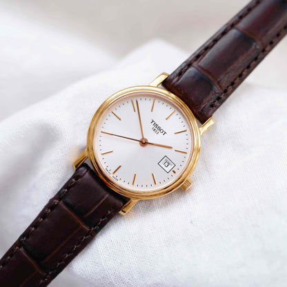 Tissot Vintage Watch: Ladies 90s Golden Iconic Design with White Sunburst Dial