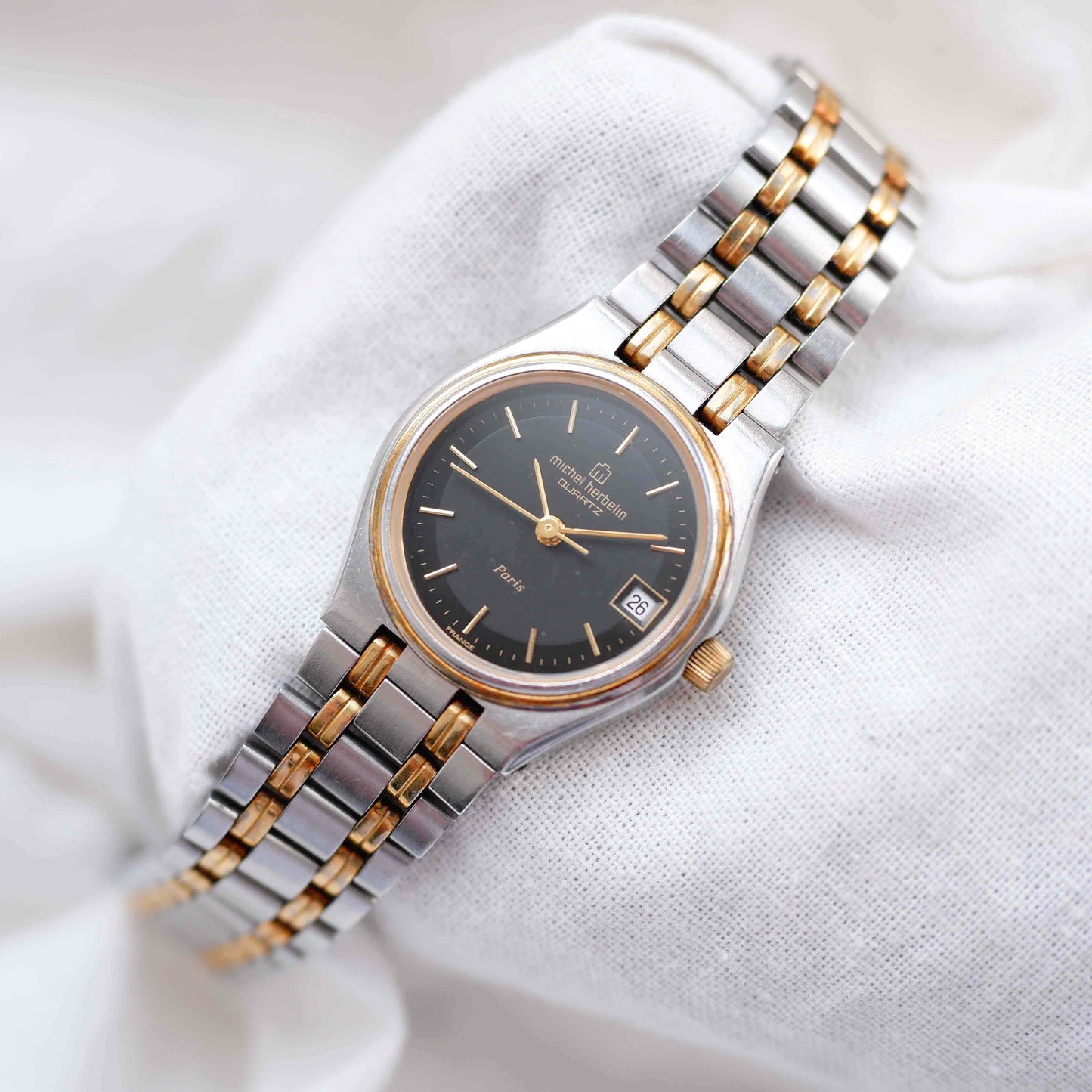 Michel Herbelin Watch: Vintage Ladies 90s Gold Two-Tone Black Dial