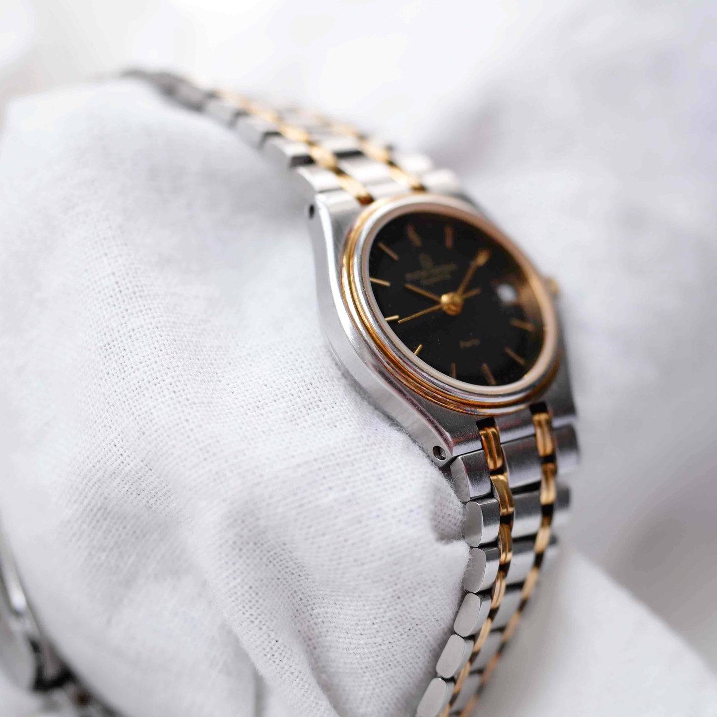 Michel Herbelin Watch: Vintage Ladies 90s Gold Two-Tone Black Dial