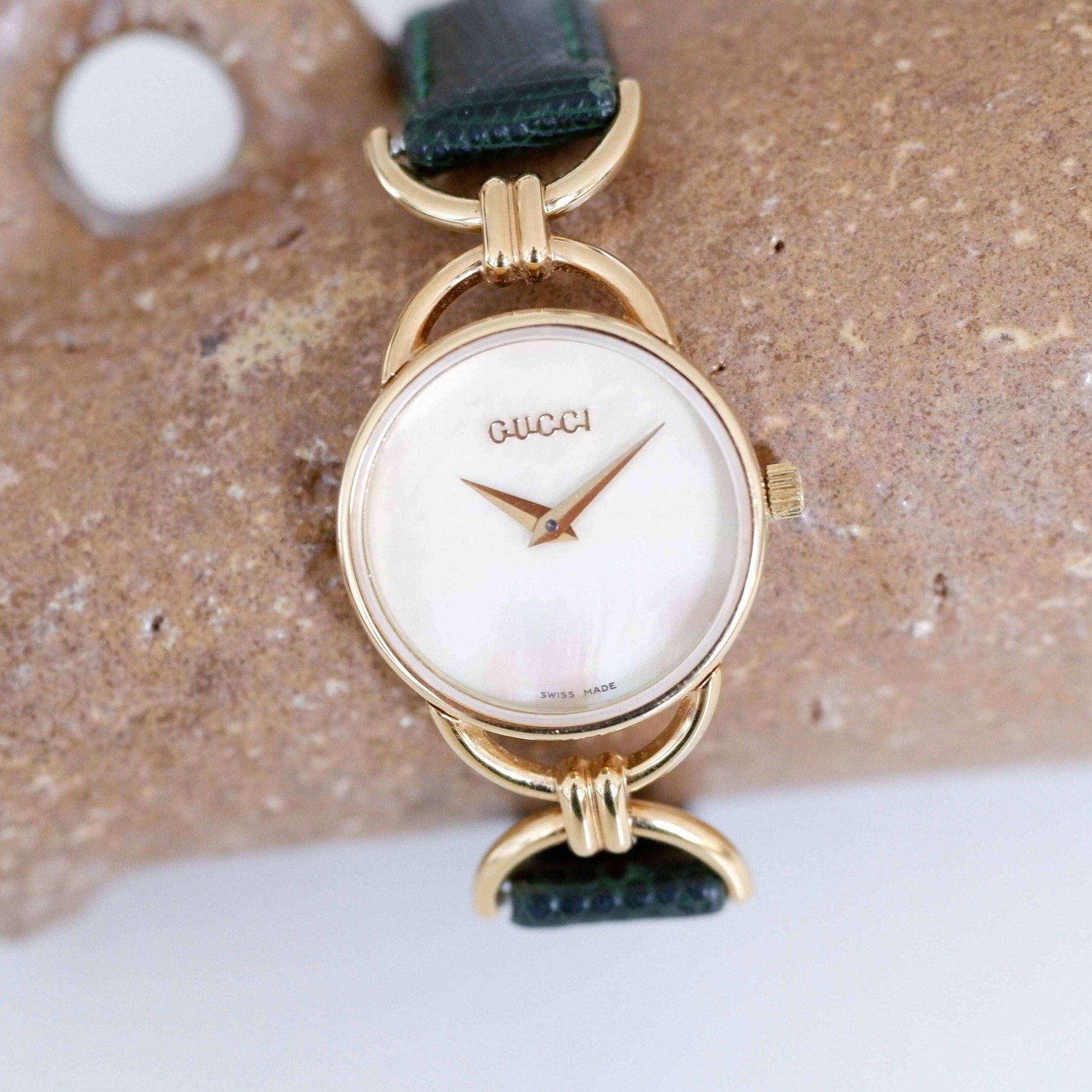 Gucci 6000.2.l Vintage Ladies Watch: 90s Gold Mother of Pearl Dial, Second Front Side