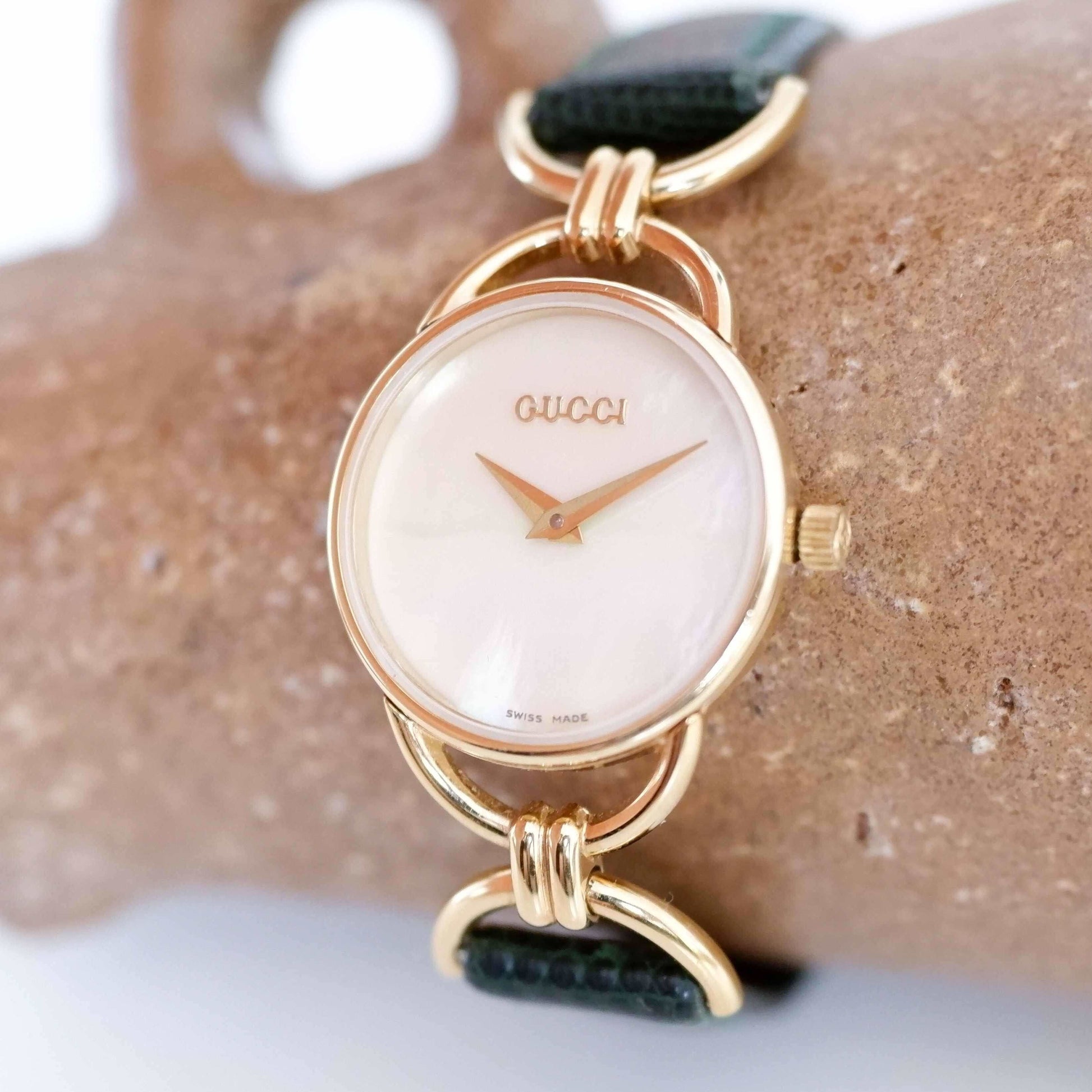 Gucci 6000.2.l Vintage Ladies Watch: 90s Gold Mother of Pearl Dial, Slight Right Side