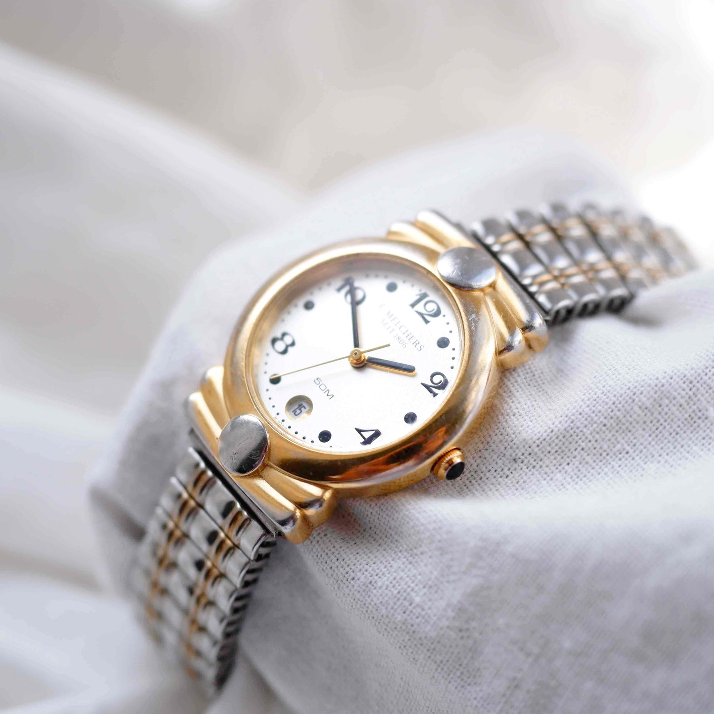 C.Melchers Vintage Watch: Ladies 90s Golden Sunburst Dial Elastic Bracelet