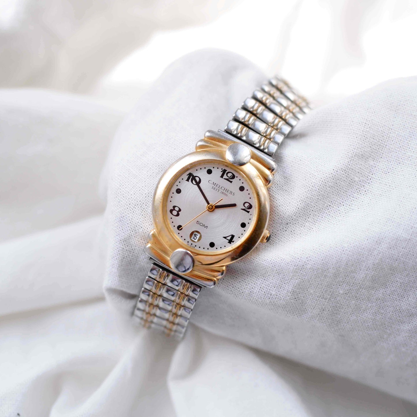 C.Melchers Vintage Watch: Ladies 90s Golden Sunburst Dial Elastic Bracelet