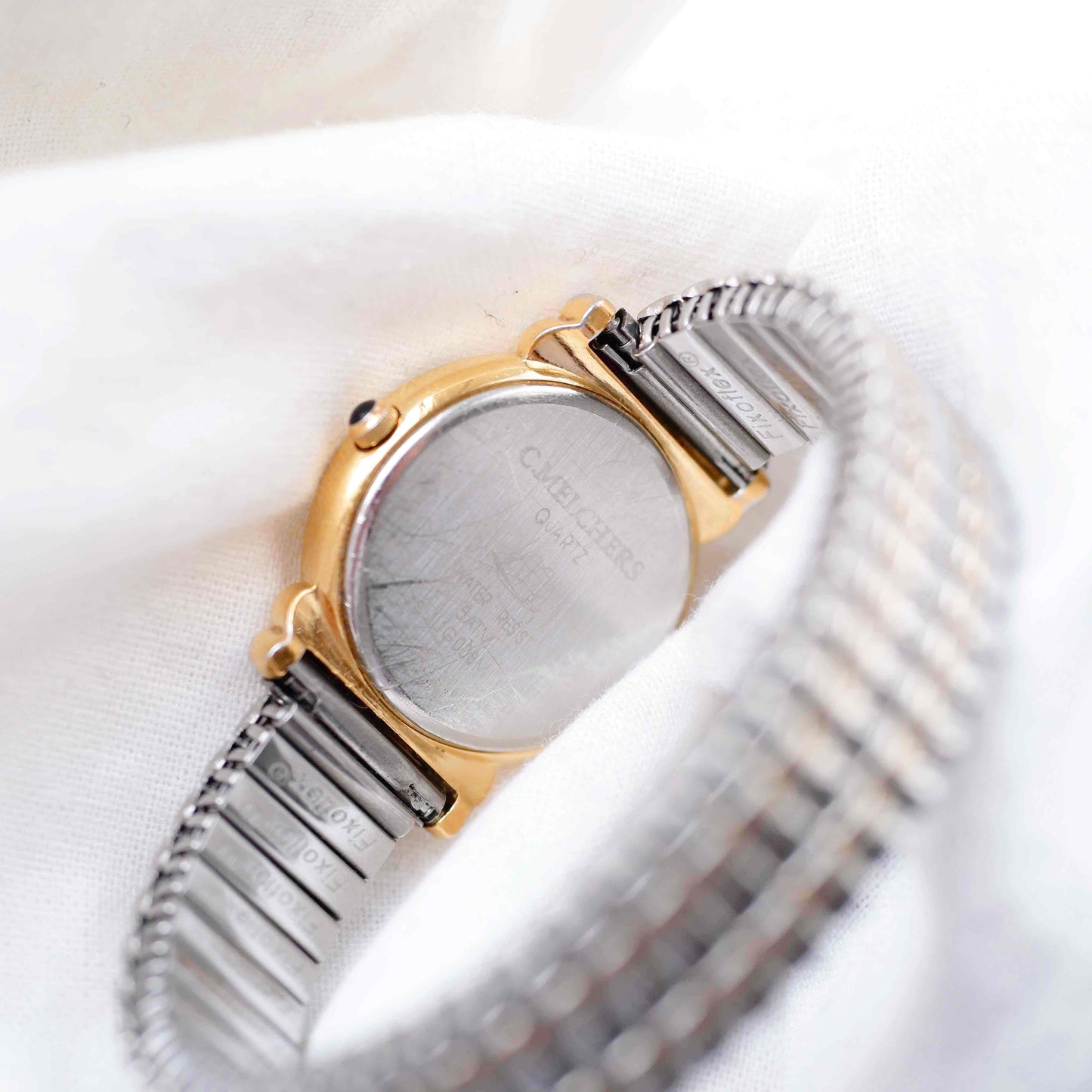 C.Melchers Vintage Watch: Ladies 90s Golden Sunburst Dial Elastic Bracelet