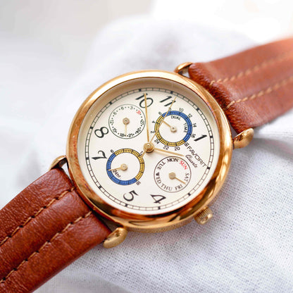 Favorit Vintage Watch: Ladies 80s Golden Champagne Dial Dual Time Day and Date NOS