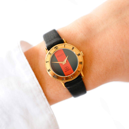 Gucci 3000.2.l Watch: Vintage Ladies 90s Gold with Red and Green Dial