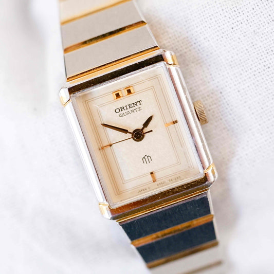 Orient Vintage Watch: Ladies 80s Golden Two Tone Classic Rectangular Style