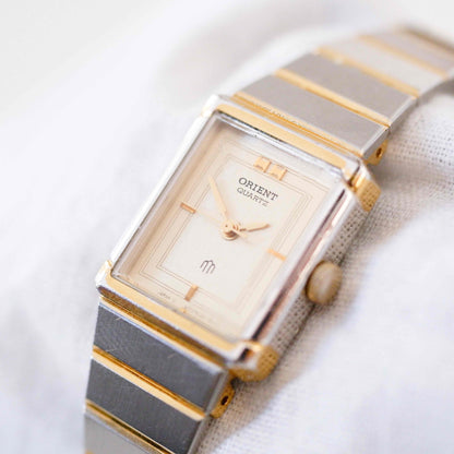 Orient Vintage Watch: Ladies 80s Golden Two Tone Classic Rectangular Style