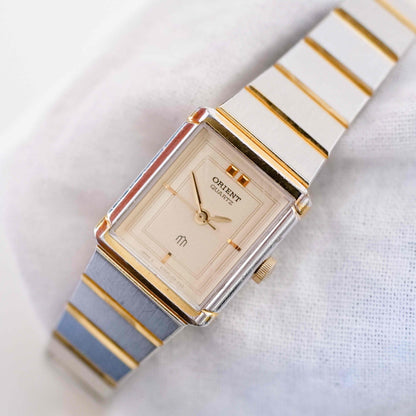 Orient Vintage Watch: Ladies 80s Golden Two Tone Classic Rectangular Style