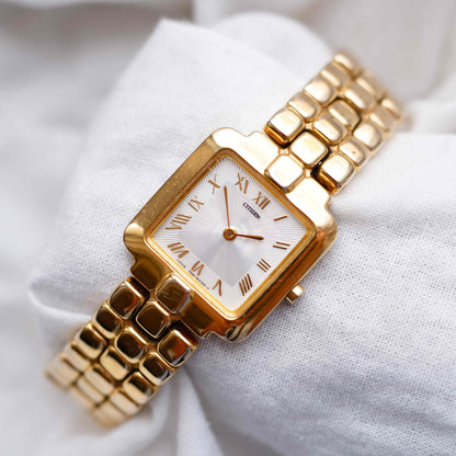 Citizen Tank Watch: Vintage Ladies 80s Golden with White Structured Dial