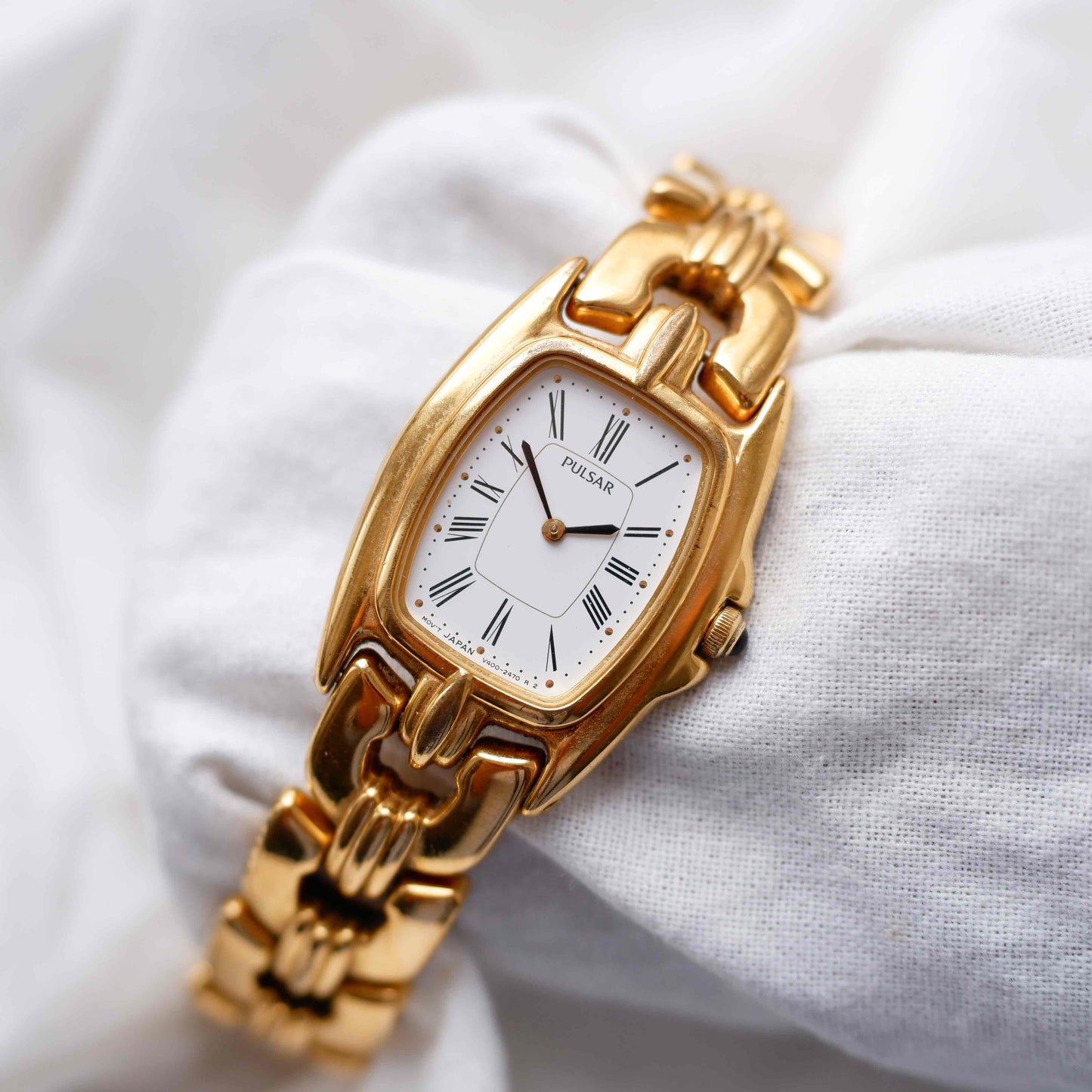 Pulsar by Seiko Tank Watch: Vintage Ladies 80s Golden with White Roman Dial