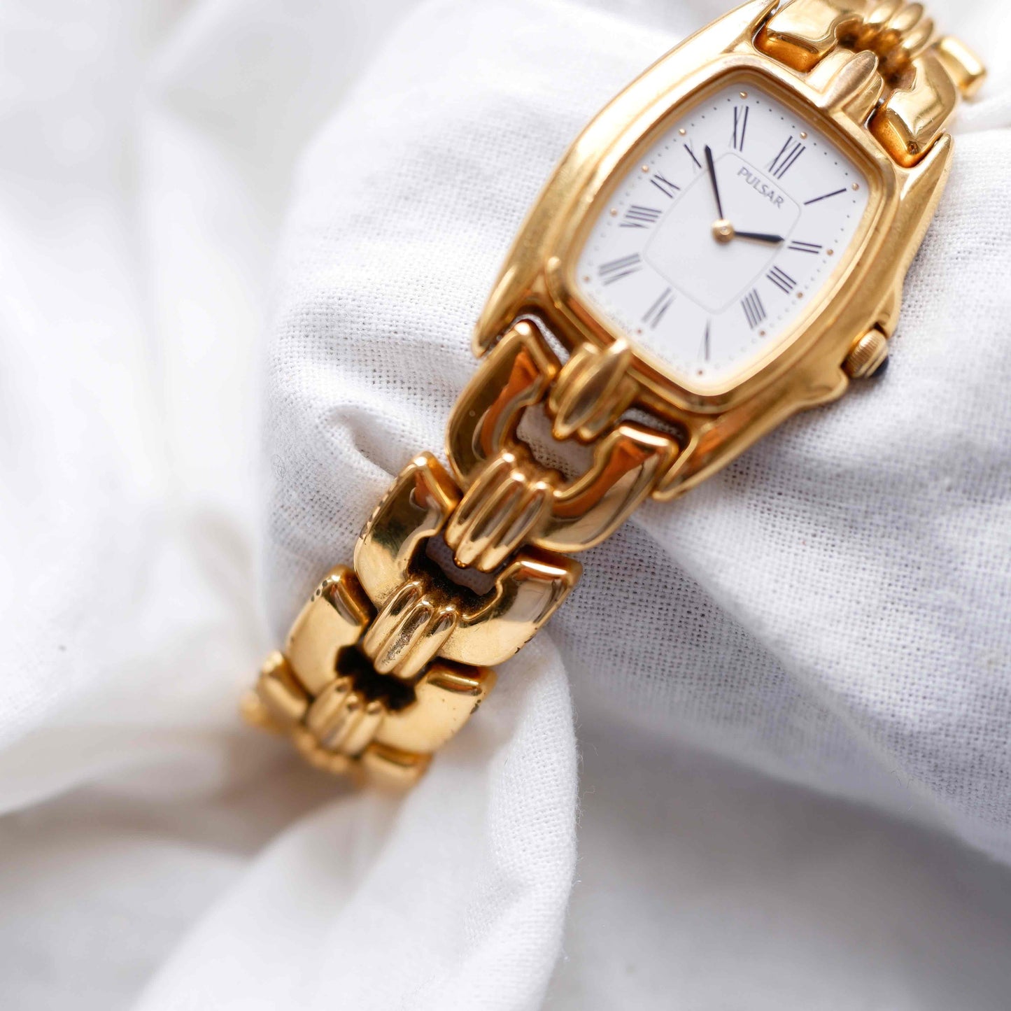 Pulsar by Seiko Tank Watch: Vintage Ladies 80s Golden with White Roman Dial