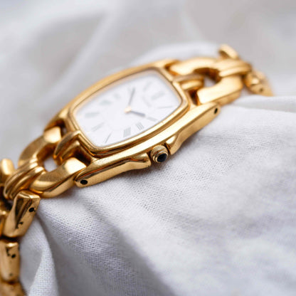 Pulsar by Seiko Tank Watch: Vintage Ladies 80s Golden with White Roman Dial