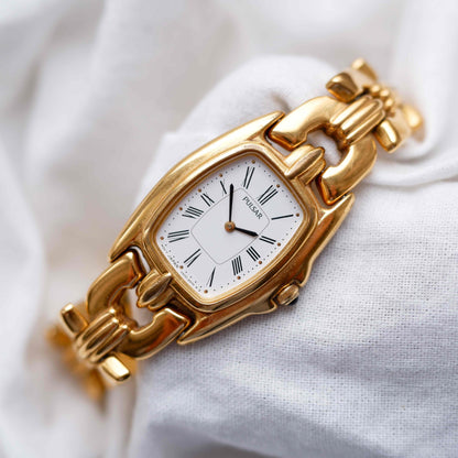 Pulsar by Seiko Tank Watch: Vintage Ladies 80s Golden with White Roman Dial